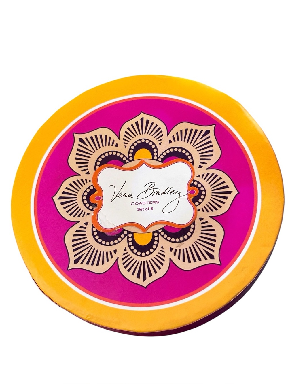 Vera Bradley vibrant coasters in Safari Sunset. Pink and Orange. 4” round